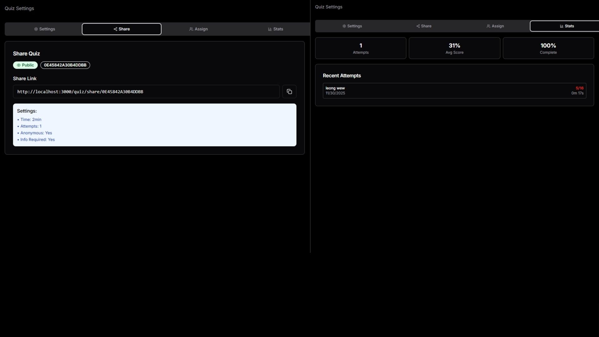 Sharing and statistics tab interface